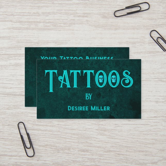Tattoo Artist Teal Skull Business Card (Front/Back In Situ)