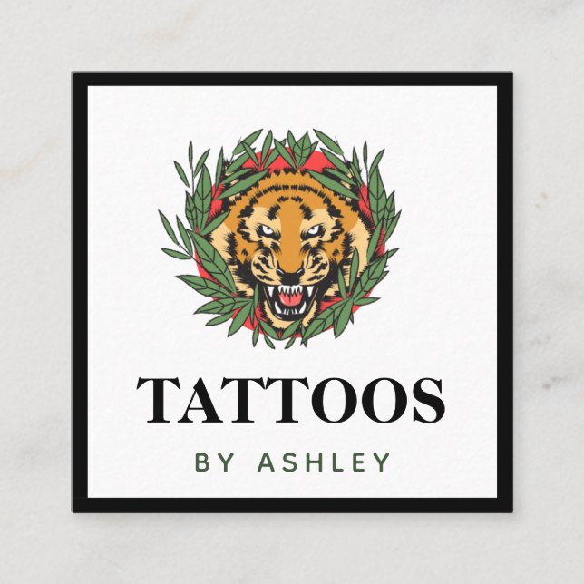 Tattoo Artist Wild Tiger Illustration Bold Trendy Square Business Card (Front)