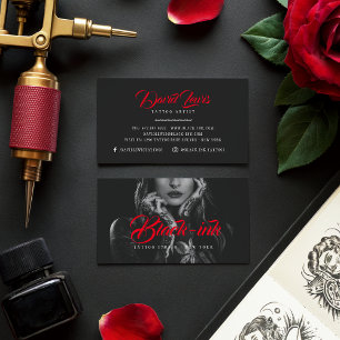 Tattoo artists black photo red script typography business card