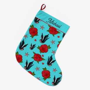 Tattoo Birds and Roses Rockabilly Patterned Large Christmas Stocking