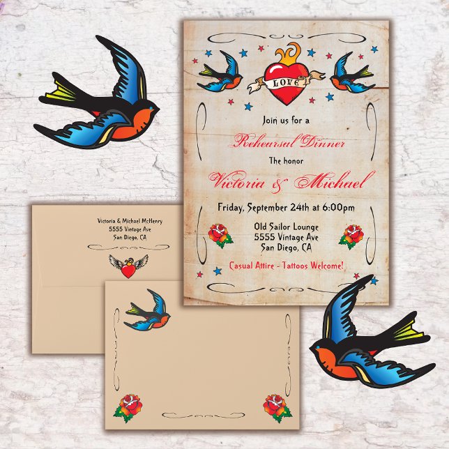 Tattoo flaming heart birds rehearsal dinner invitation (Creator Uploaded)