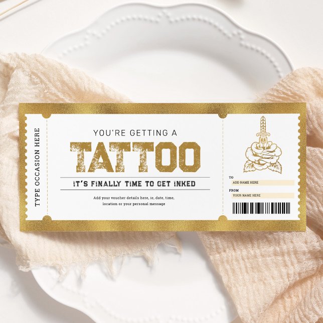 Tattoo Get Inked Gold Gift Ticket Voucher Invitation (Creator Uploaded)