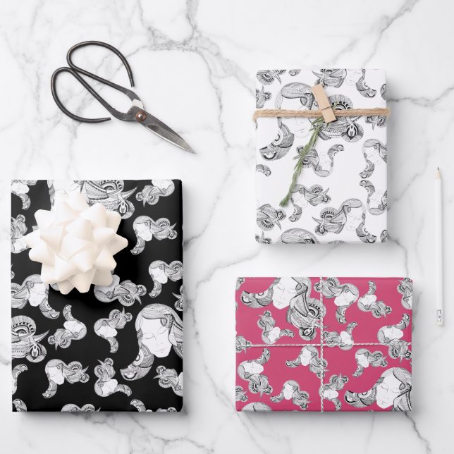 Tattoo Girl Black And White Pink Wrapping Paper Sheet (Front)