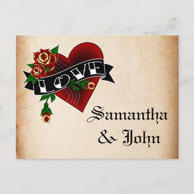 Tattoo Heart and Rose Save the Date Announcement Postcard (Front)