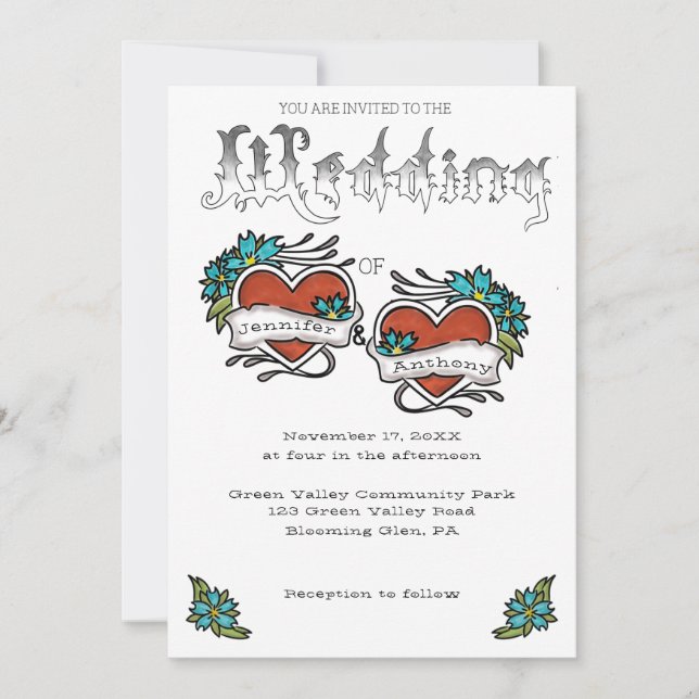 Tattoo Hearts and Tattooed Lettering Wedding Invitation (Front)