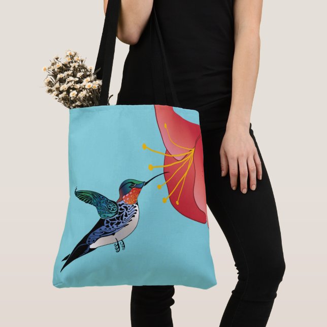 Tattoo Hummingbird and Red Flower Exotic Tote Bag (Close Up)