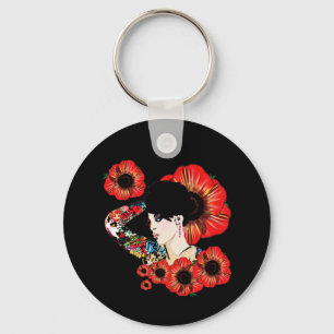 Tattoo inked girl among poppy flowers Art by LeahG Key Ring