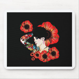 Tattoo inked girl among poppy flowers Art by LeahG Mouse Mat