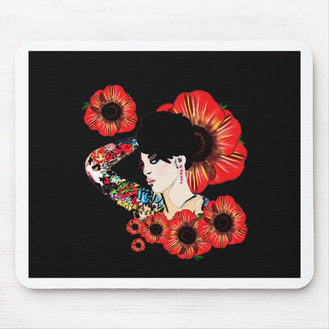 Tattoo inked girl among poppy flowers Art by LeahG Mouse Mat (Front)