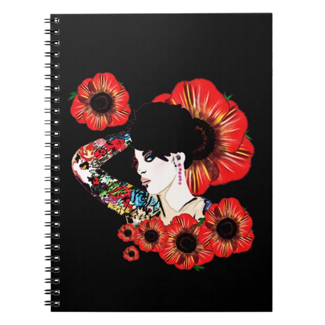 Tattoo inked girl among poppy flowers Art by LeahG Notebook (Front)