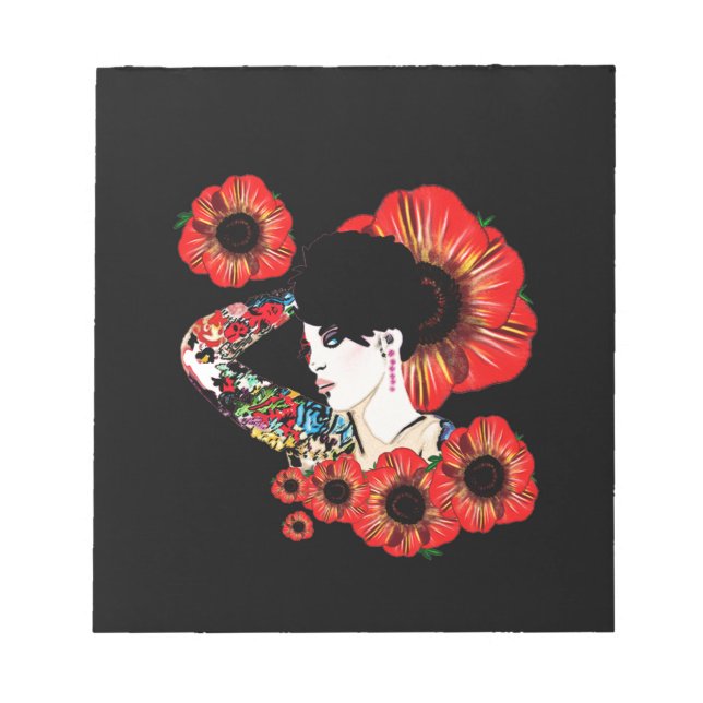 Tattoo inked girl among poppy flowers Art by LeahG Notepad (Front)