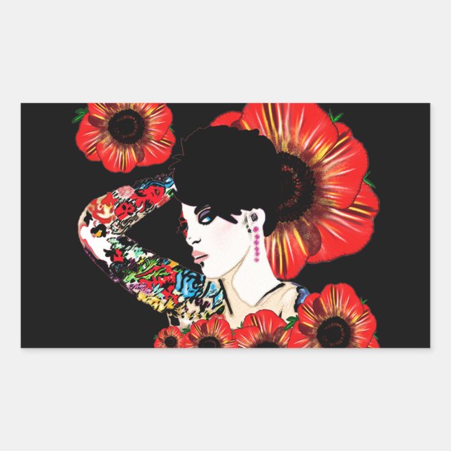 Tattoo inked girl among poppy flowers Art by LeahG Rectangular Sticker (Front)