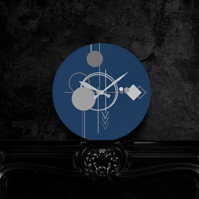 Tattoo Line Art | Abstract Navy Blue Charcoal Gray Round Clock (Creator Uploaded)