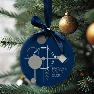 Tattoo Line Art   Bohemian Navy Blue Grey Keepsake Ceramic Tree Decoration
