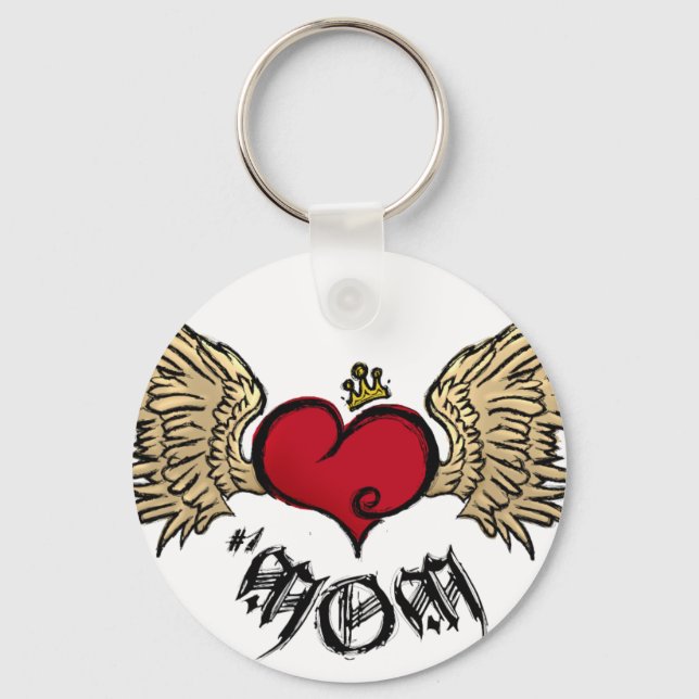 Tattoo MOM Urban Crowned Heart With Wings Key Ring (Front)