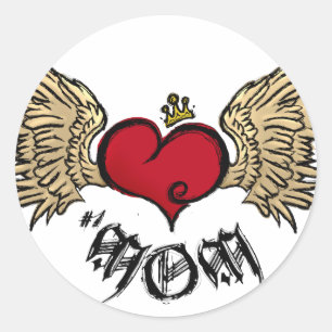 Tattoo Mum Crowned Heart with Wings Classic Round Sticker