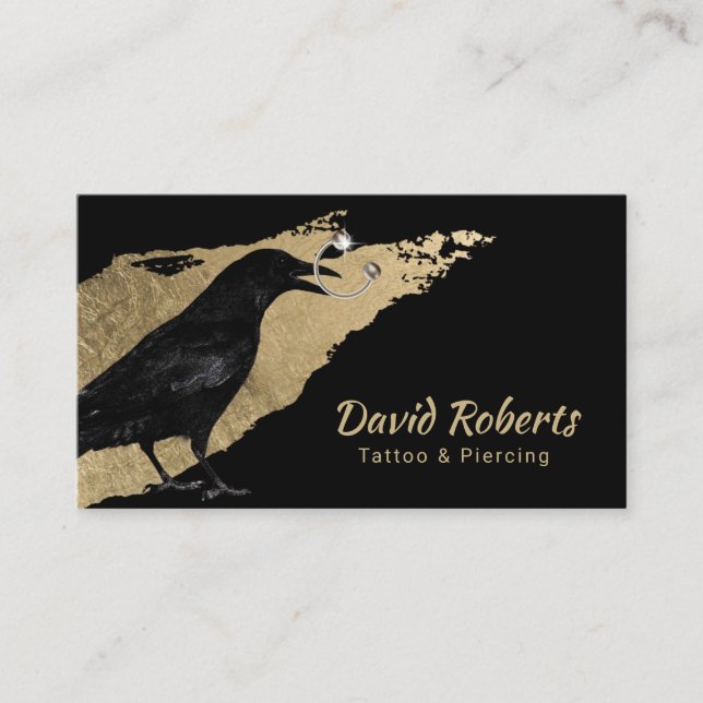 Tattoo & Piercing Black Crow Gold Brush Stroke Business Card (Front)