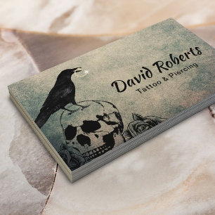 Tattoo & Piercing Gothic Crow Skull & Rose Flowers Business Card