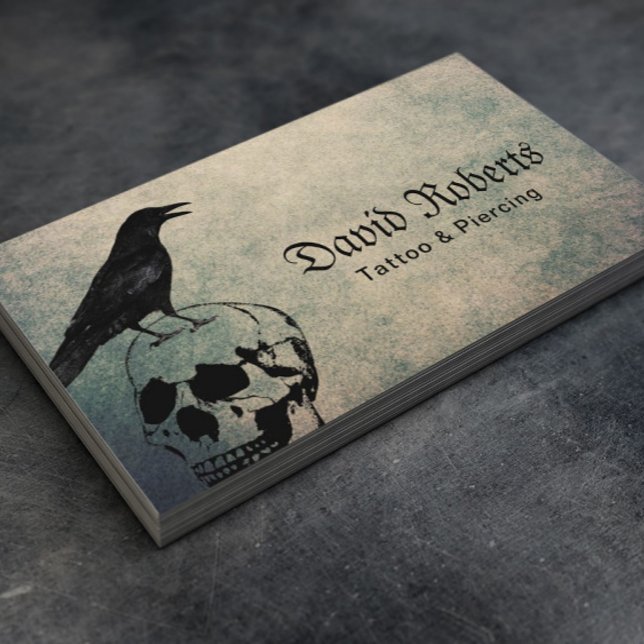 Tattoo & Piercing Vintage Crow & Skull Business Card (Creator Uploaded)