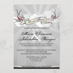 Tattoo Rockabilly Swallow Bird Wedding Invitation