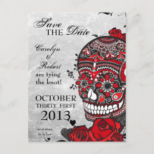 Tattoo Roses and Sugar Skull Save the Date Announcement Postcard
