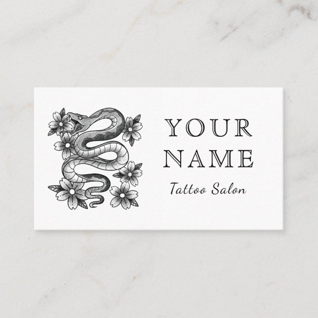 Tattoo Salon Artist Floral Snake Sketch Minimal Business Card (Front)