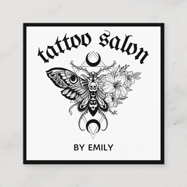 Tattoo Salon Butterfly Moth Black & White Square Business Card (Front)