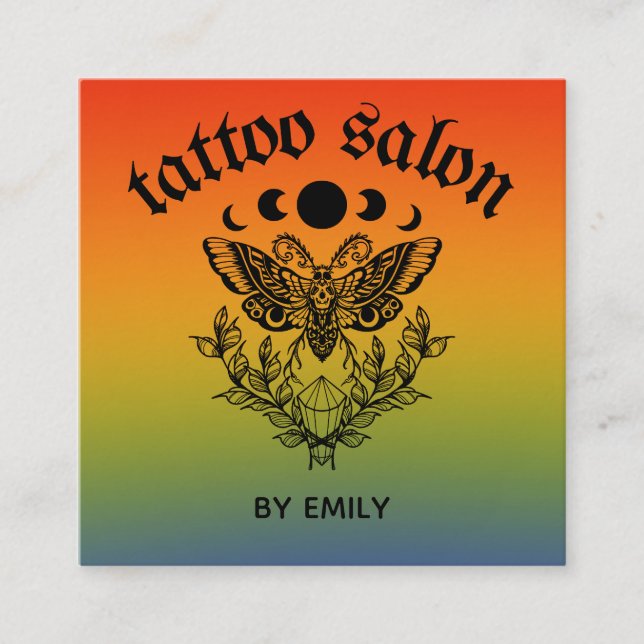 Tattoo Salon Butterfly Moth Colourful Ombre Square Business Card (Front)