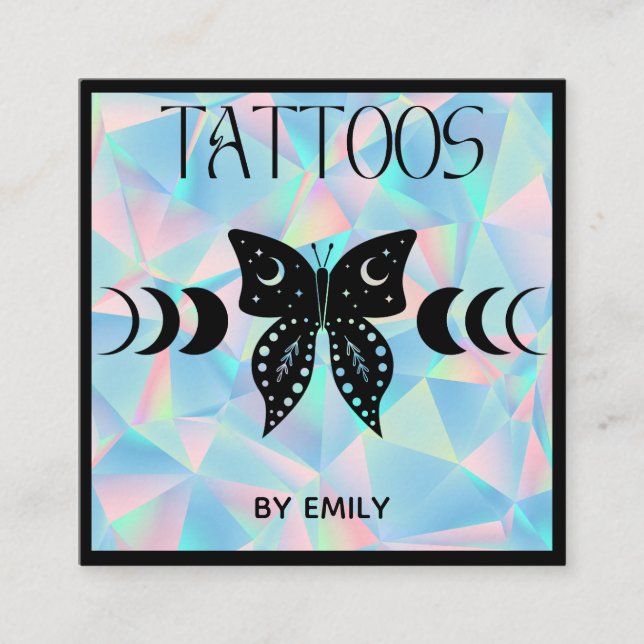 Tattoo Salon Mystical Butterfly Holographic Square Business Card (Front)