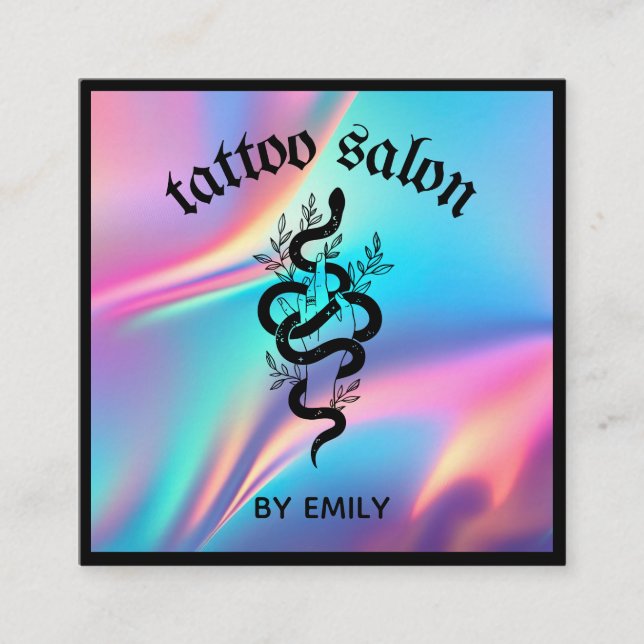 Tattoo Salon Snake Holographic Square Business Card (Front)