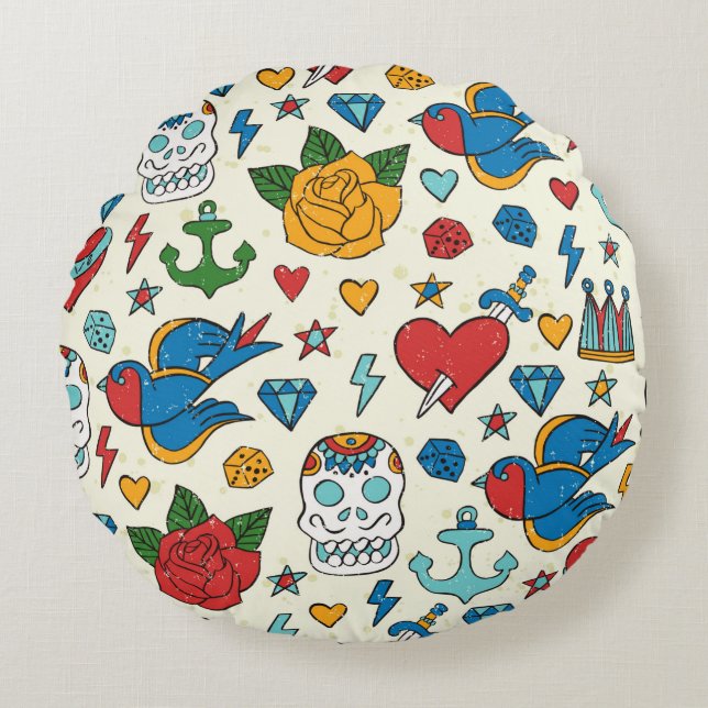 Tattoo seamless pattern.  round cushion (Front)