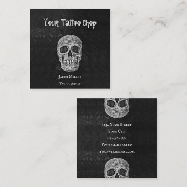 Tattoo Shop Gothic Cool Black And White Skull Head Square Business Card (Front/Back)