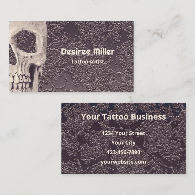 Tattoo Shop Gothic Skull White Grey Floral Business Card (Front/Back)