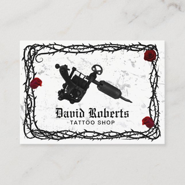 Tattoo Shop Tattoo Gun Gothic Thorn & Vine Business Card (Front)