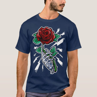 Tattoo Skeleton Hand Red Rose Flower T-Shirt