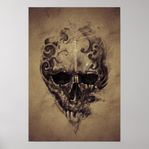 Tattoo Skull Over Vintage Paper Poster