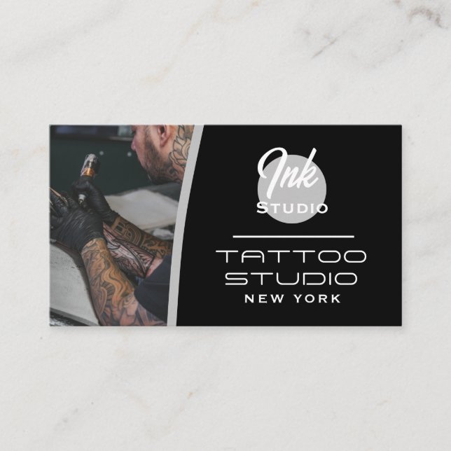 Tattoo Studio Black Photo Business Card | (Front)