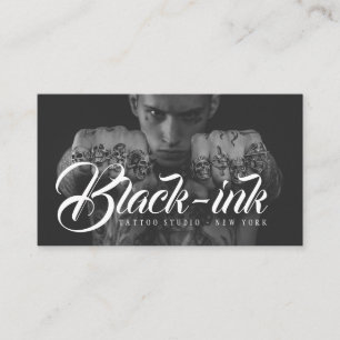 Tattoo studio black photo white script calligraphy business card