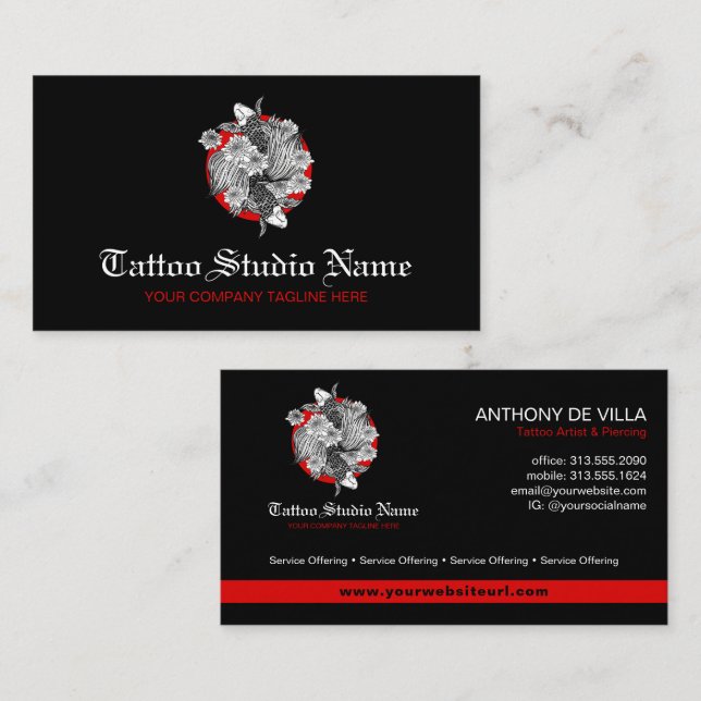 Tattoo Studio, Tattoo Artist - Koi Fish Art Logo Business Card (Front/Back)