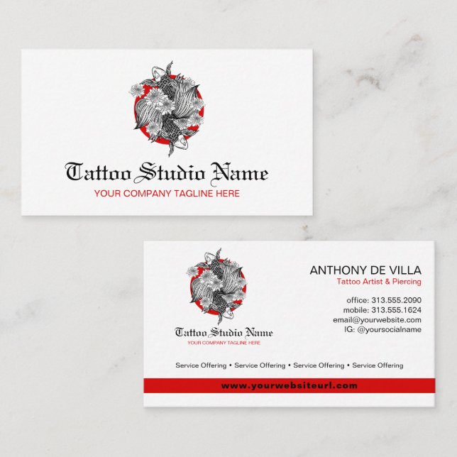 Tattoo Studio, Tattoo Artist - Koi Fish Logo Art  Business Card (Front/Back)