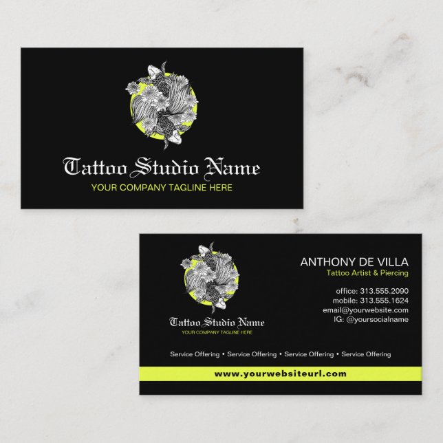 Tattoo Studio, Tattoo Artist - Neon Koi Fish Logo Business Card (Front/Back)