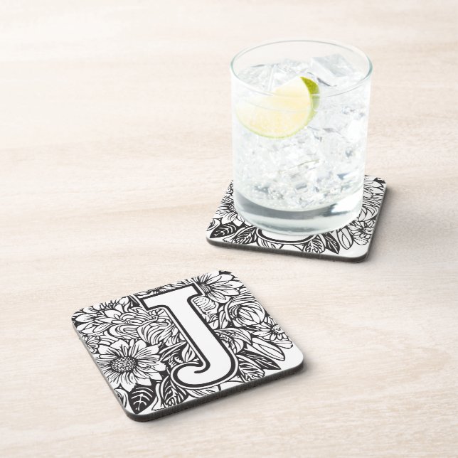 Tattoo-Style Black and White Monogram Ink Flowers Coaster (Right Side)