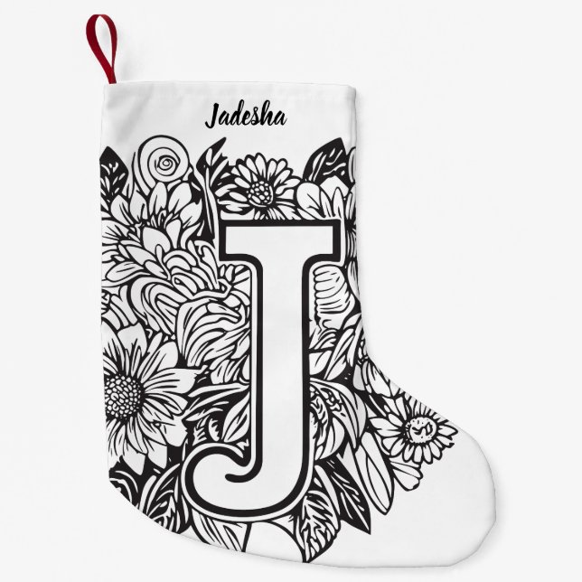 Tattoo-Style Black and White Monogram Ink Flowers Small Christmas Stocking (Front)