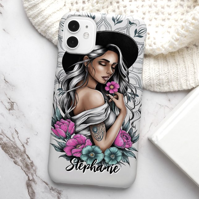 Tattoo Style Boho Woman with Neon Flowers Custom Case-Mate iPhone Case (Creator Uploaded)