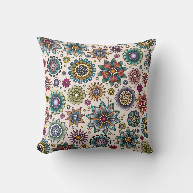 Tattoo Style Flower Doodle Pattern Cushion (Front)