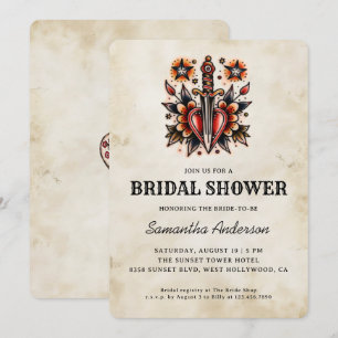 Tattoo Style Heart Dagger Retro Bridal Shower Invitation