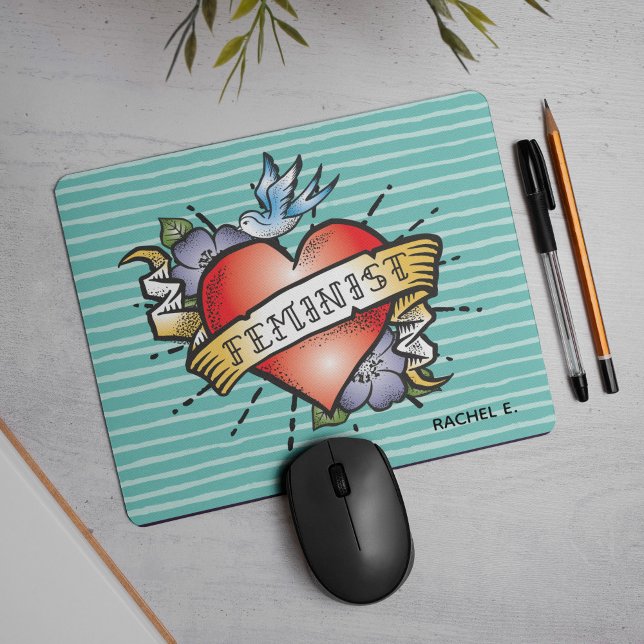 Tattoo Style Heart Feminist on Aqua Mouse Mat (Be ready to rock out with this tattoo style heart mouse pad. )