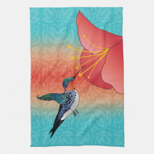 Tattoo Style Hummingbird and Red Flower Ombre Tea Towel
