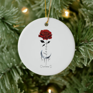 Tattoo-Style Red Rose & Crescent Moon with "Love" Ceramic Tree Decoration
