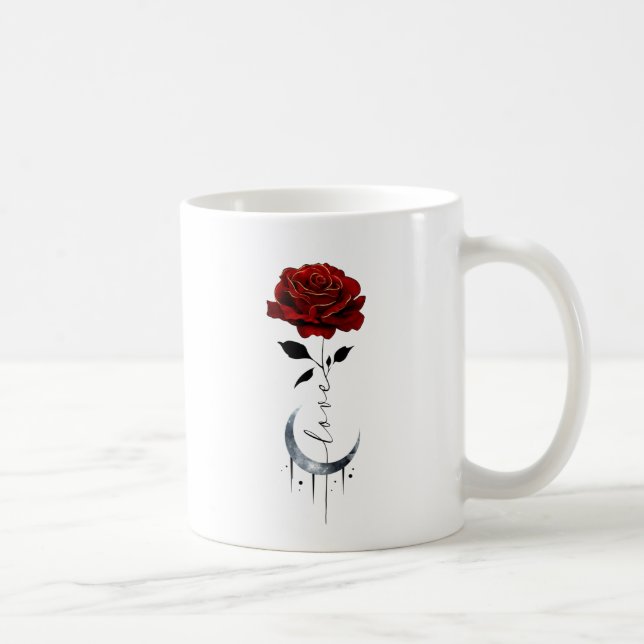 Tattoo-Style Red Rose & Crescent Moon with "Love" Coffee Mug (Right)